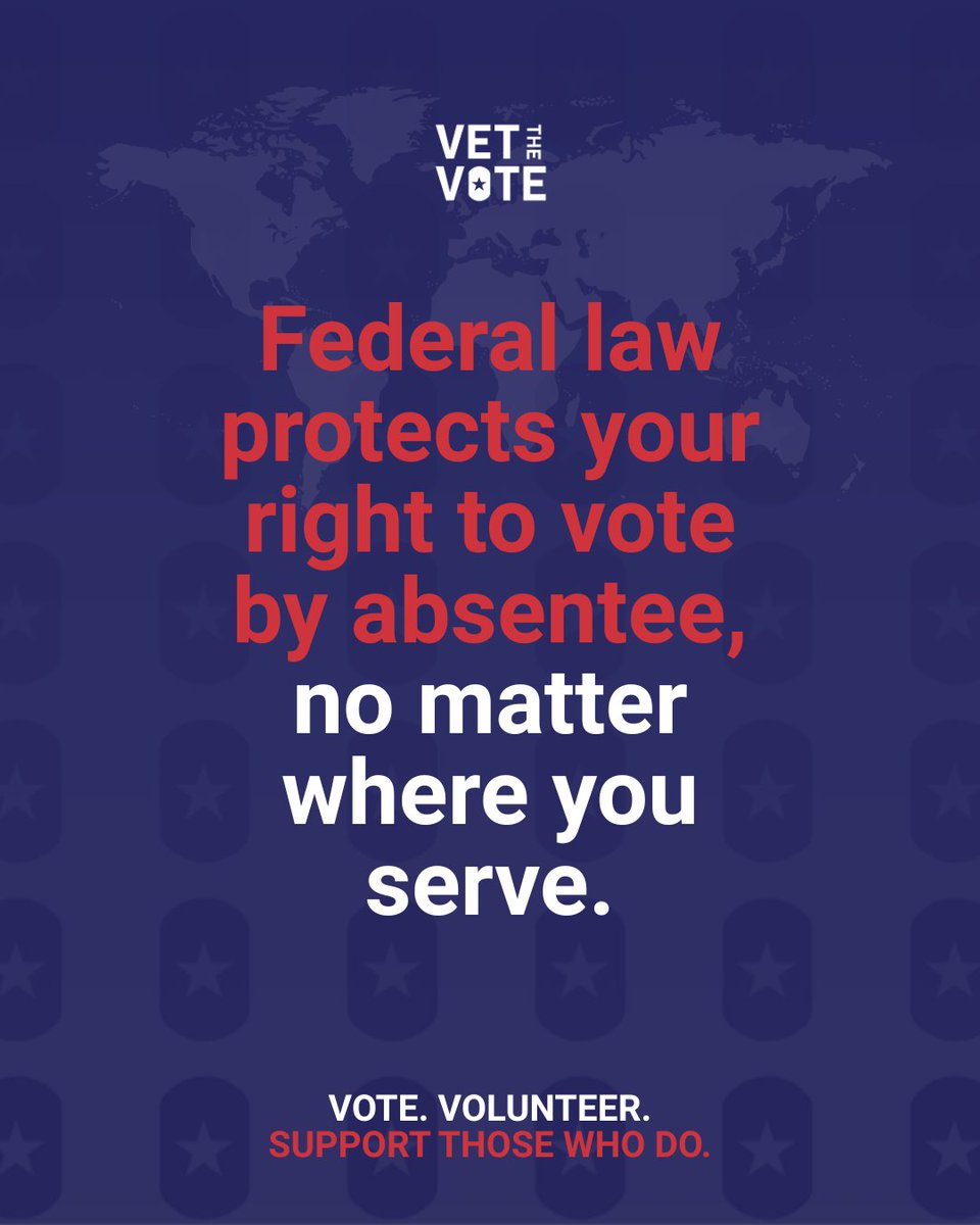 vetthevote's tweet photo. 🌎 Serving away from home? Don’t forget to check absentee voting deadlines now.

Recent attention on election procedures has only underscored how important it is to stay ahead of key deadlines!

Take a few minutes to confirm voter registration status at https://t.co/55hyqZqpSU! https://t.co/VRjwBGfKgm