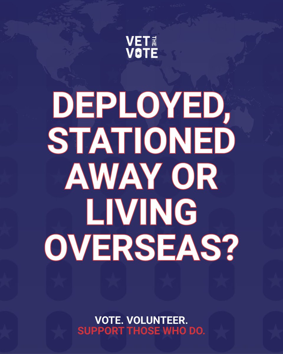 vetthevote's tweet photo. 🌎 Serving away from home? Don’t forget to check absentee voting deadlines now.

Recent attention on election procedures has only underscored how important it is to stay ahead of key deadlines!

Take a few minutes to confirm voter registration status at https://t.co/55hyqZqpSU! https://t.co/VRjwBGfKgm