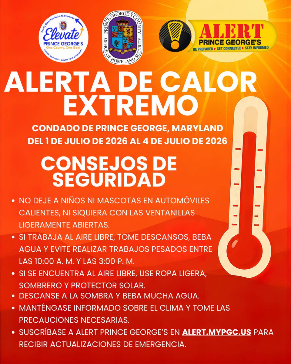 PGCountyOHS's tweet photo. Una ola de calor se acerca al condado de Prince George; se espera que las temperaturas alcancen cerca de los 100 grados Fahrenheit y que los valores del índice de calor se aproximen a unos peligrosos 112 grados. Recuerde mantenerse hidratado, proteger a sus familiares y mascotas, y permanecer en interiores con aire acondicionado cuando sea posible. Puede encontrar más recursos, incluidas las ubicaciones de los centros de enfriamiento, en https://t.co/cQQz6Xyvlt. Anticípese al calor y a cualquier emergencia relacionada con el clima registrándose en Alert Prince George's a través de https://t.co/aZ3lBz96rC. Es un proceso rápido que le envía actualizaciones en tiempo real sobre seguridad pública, el clima y el tráfico directamente a su teléfono o correo electrónico.

#PrinceGeorgesCounty #ElevatePrinceGeorges #AlertPrinceGeorges #HeatWave #ExtremeHeatAlert #StayCool #Maryland #SummerSafety #BeattheHeat