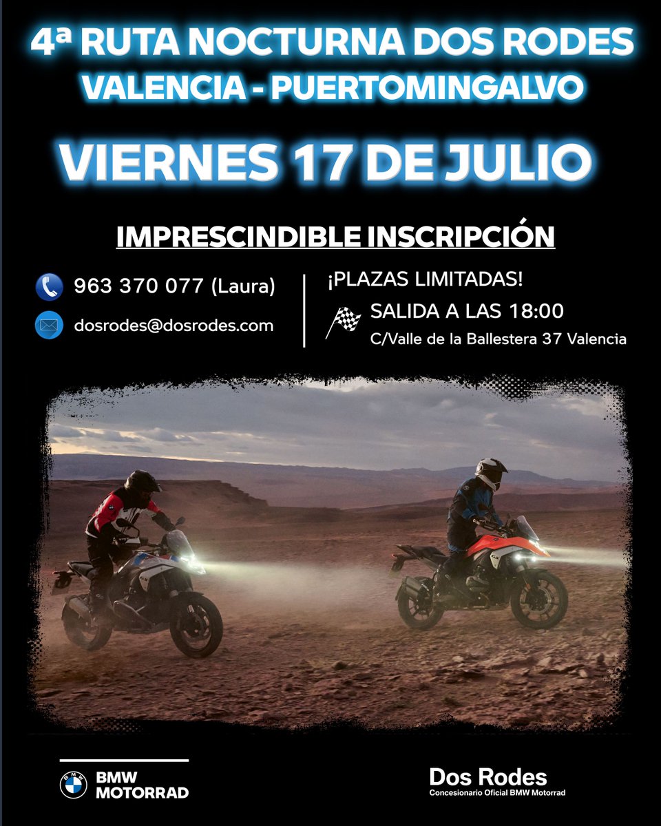 DosRodes's tweet photo. 🌜 4ª RUTA NOCTURNA DOS RODES 🌛
🌀VALENCIA - PUERTOMINGALVO🌀
🟢 VIERNES 17 DE JULIO A LAS 18:00 🟢

🏁: Salida desde C/Valle de la Ballestera 37 (Valencia).

⚠️PLAZAS LIMITADAS⚠️
🏁INSCRÍBETE YA🏁:
➡️☎️ 96 337 00 77 (Laura)
➡️📨 dosrodes@dosrodes.com

#rutamotera #dosrodes https://t.co/Up6XLTE9Fr