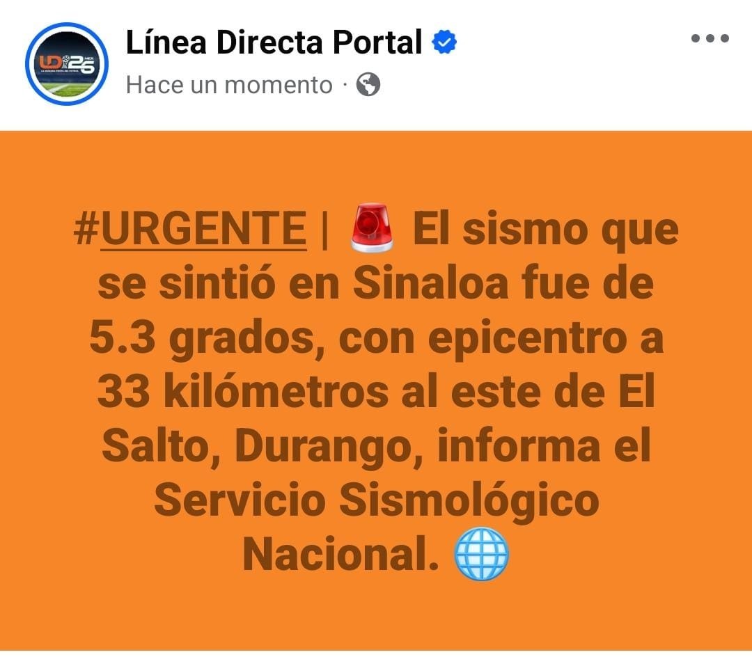 linea_directa's tweet photo. #URGENTE | 🚨 El sismo que se sintió en Sinaloa fue de 5.3 grados, con epicentro a 33 kilómetros al este de El Salto, #Durango, informa el Servicio Sismológico Nacional. 🌐  (@SismologicoMX ) (@SSNMexico )