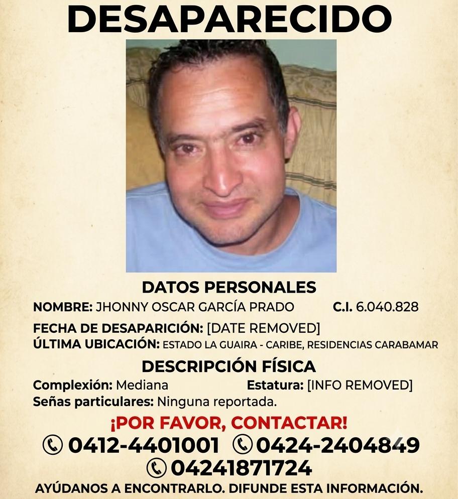 caraquistas's tweet photo. 🔴 JHONNY OSCAR GARCÍA PRADO DESAPARECIDO — Caribe, La Guaira  | Última vez visto: Estado La Guaira - Caribe, Residencias Carabamar el . Complexión: Mediana. . C.I. 6.040.828. 📲 Contacto: 0412-4401001 / 0424-2404849 / 04241871724 Si tienes información, por favor comuníquense. https://t.co/OhdGIAiAP4