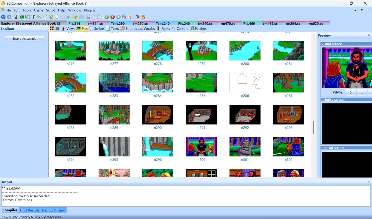slattstudio's tweet photo. @FerroRapax Sure, I'm using SCI Companion, a freeware studio you can use to create *almost* all the resources you need to make a true-to-form SCI0 game (or SCI1 for that matter).
It has editors for Pics, Views, Scripts, Cursors, etc.
https://t.co/7uzEgd3oPJ https://t.co/DwSSbtKoWd