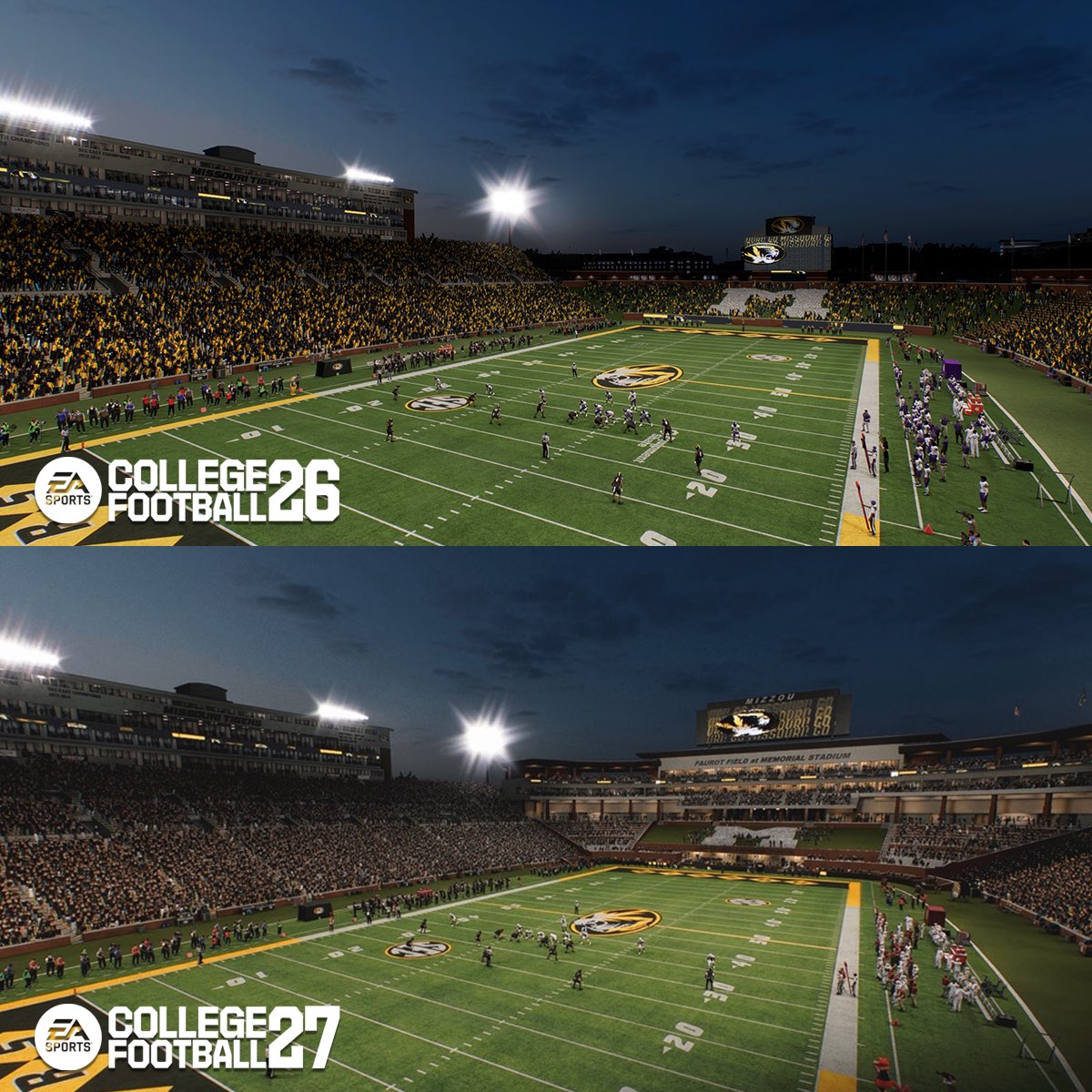 CFBKings's tweet photo. Missouri’s end zone in CFB26 vs. in CFB27

The new addition looks great 👀 https://t.co/HgkXzmdups