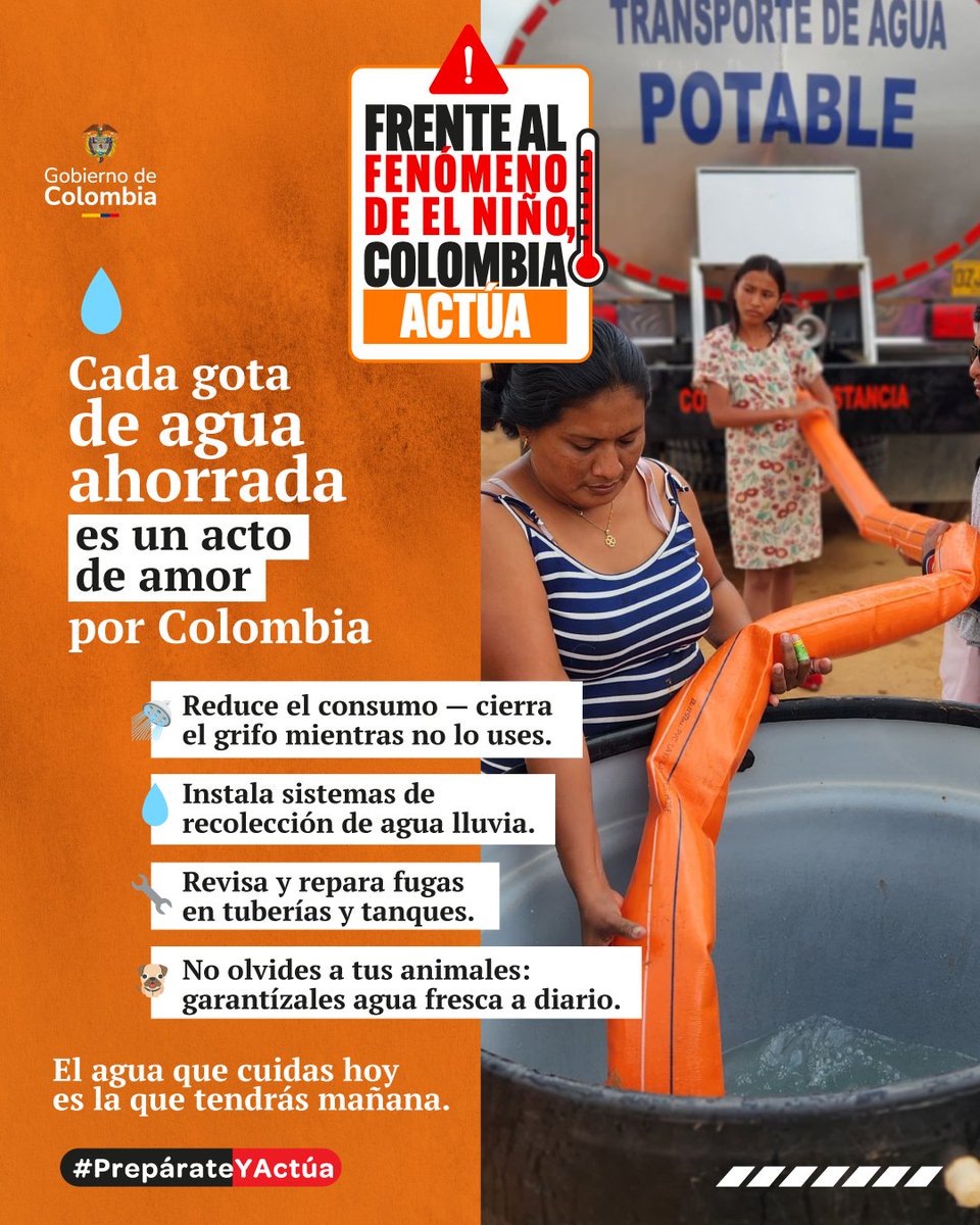 ParquesColombia's tweet photo. 💧 El Fenómeno de El Niño ya está reduciendo las lluvias en Colombia. Y cuando el agua escasea, quienes más lo sienten son las familias, los cultivos y los animales.

No esperes a que el grifo se calle para actuar. Hoy puedes:
🔧 Revisar fugas en tuberías y tanques.
🪣 Recoger agua lluvia en recipientes tapados.
🐄 Asegurar que tus animales tengan agua fresca.
💧 Reducir el consumo en las tareas del hogar.

Frente al Fenómeno de El Niño, Colombia actúa.
#PrepárateYActúa