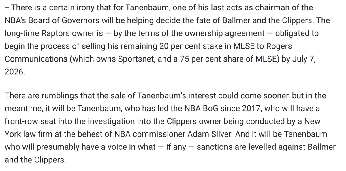 PabloTorre's tweet photo. One reminder about Kawhi + Toronto:

Outgoing Raptors owner Larry Tanenbaum is chairman of NBA's Board of Governors.

Per @michaelgrange (9/12/25): "It will be Tanenbaum who will presumably have a voice in what - if any - sanctions are levelled against Ballmer and the Clippers." https://t.co/ie3XSFFjn8