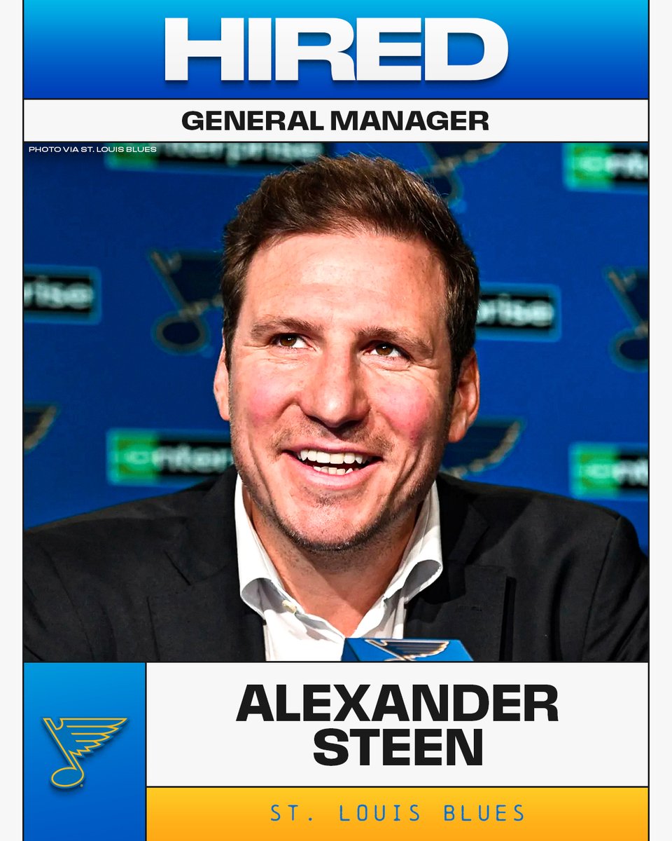 NHL's tweet photo. Alexander Steen's tenure as the @StLouisBlues' general manager has begun! 🎶 https://t.co/5xYLawD7cW
