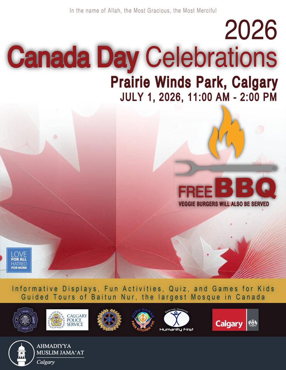 IslamCalgary's tweet photo. In times when divisions make headlines, ordinary Canadians continue to choose friendship, respect &amp; unity.
Celebrate #CanadaDay with neighbours from every faith &amp; culture at our FREE BBQ &amp; family event in Calgary.
🇨🇦 Together is our greatest strength. #CanadaStrong https://t.co/XqiZCZq0i7