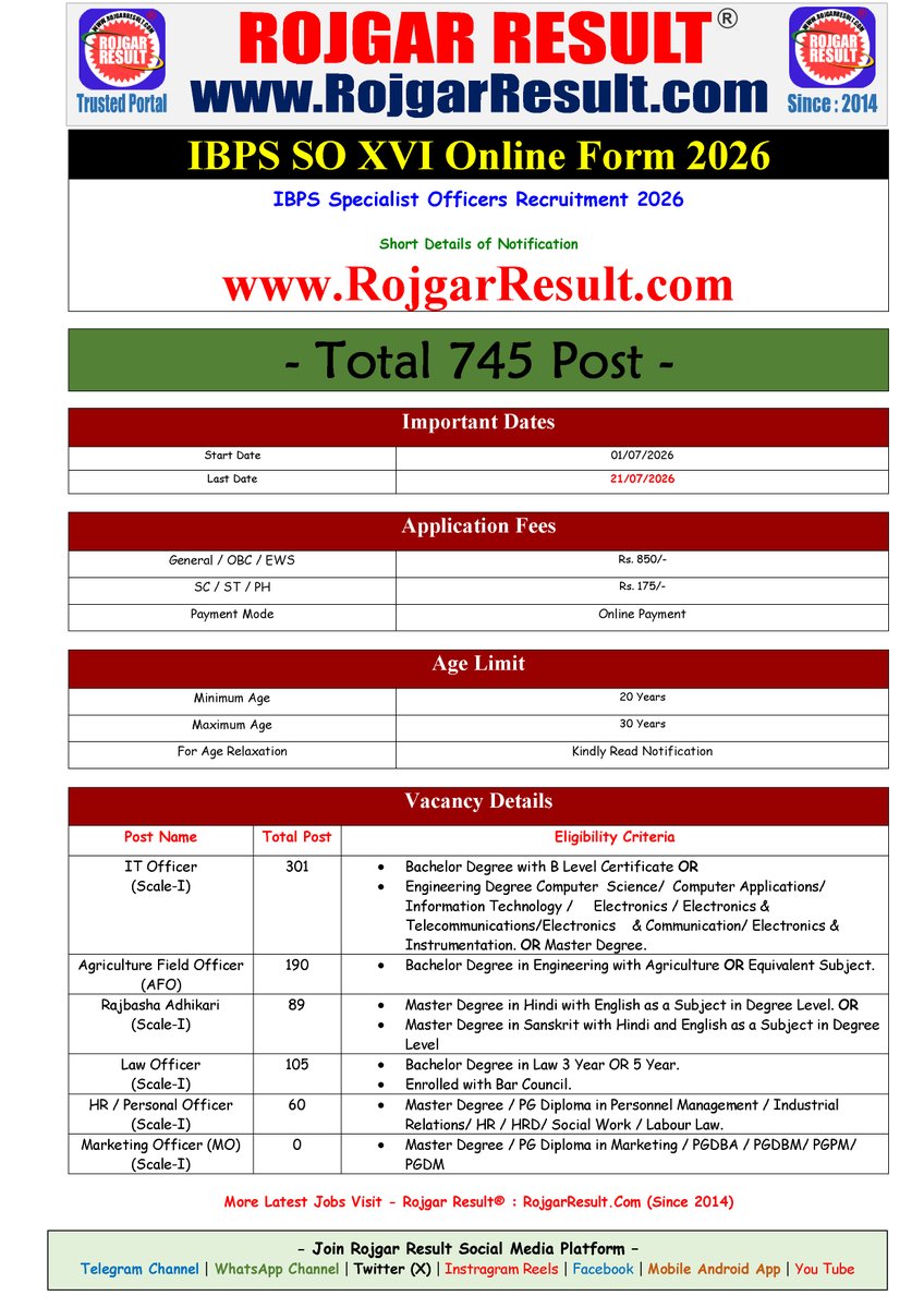 rojgarresult's tweet photo. IBPS SO XVI Online Form 2026
🎯 बैंक में नौकरी - Specialist Officers SO
🚩 Total 745 Post
📢 कितनी मिलेगी Salary | क्या है Qualification
🚀 More Details - आवेदन शुरू - Click Here ▼
Apply Now ➡️ https://t.co/iSXrFGejop
#ibpsso #jobs #bankjobs #ibps #rojgarresult https://t.co/dc2ziZdsFX
