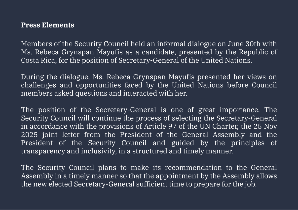 Denmark_UN's tweet photo. Today, the #UNSC held an informal dialogue with candidate Rebeca Grynspan as part of the ongoing selection process for the next UN Secretary-General.

Ms. Grynspan presented her vision for the UN and exchanged views with Council members.

Read UNSC Press Elements here👇 https://t.co/bvTVbswomq