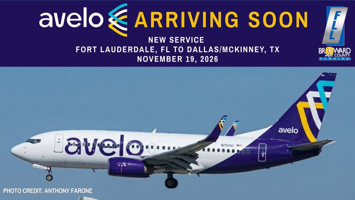 FLLFlyer's tweet photo. New route alert! @AveloAir is adding a new destination from Fort Lauderdale (FLL) to McKinney National Airport (DTX), starting Thursday, November 19. This FLL–DTX route provides the best of both worlds for South Floridians: convenient access to Dallas' metropolitan area and an introduction to McKinney's small‑town charm. ✈️ Nonstop flights will operate five times a week: Sundays, Mondays, Thursdays, Fridays, and Saturdays. More info at https://t.co/3JNX5AS67b. @flytki @visitlauderdale 

*FLL is a Service of the Broward County Board of County Commissioners.