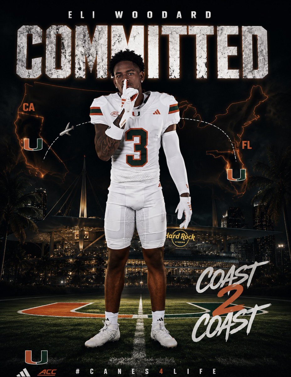rasta_edits's tweet photo. 🚨COMMITMENT🚨

4 ⭐️ Chaparral High School Wide Receiver Eli Woodard gives his pledge to the Miami Hurricanes.

The Temecula, California product gives the #Canes a 20th pledge for the cycle. Adding to a top 5 class, and solidifying one of the best classes in the country.

This is a stacked class, but the staff will look to add premium talent the rest of the way before National Signing Day in December.