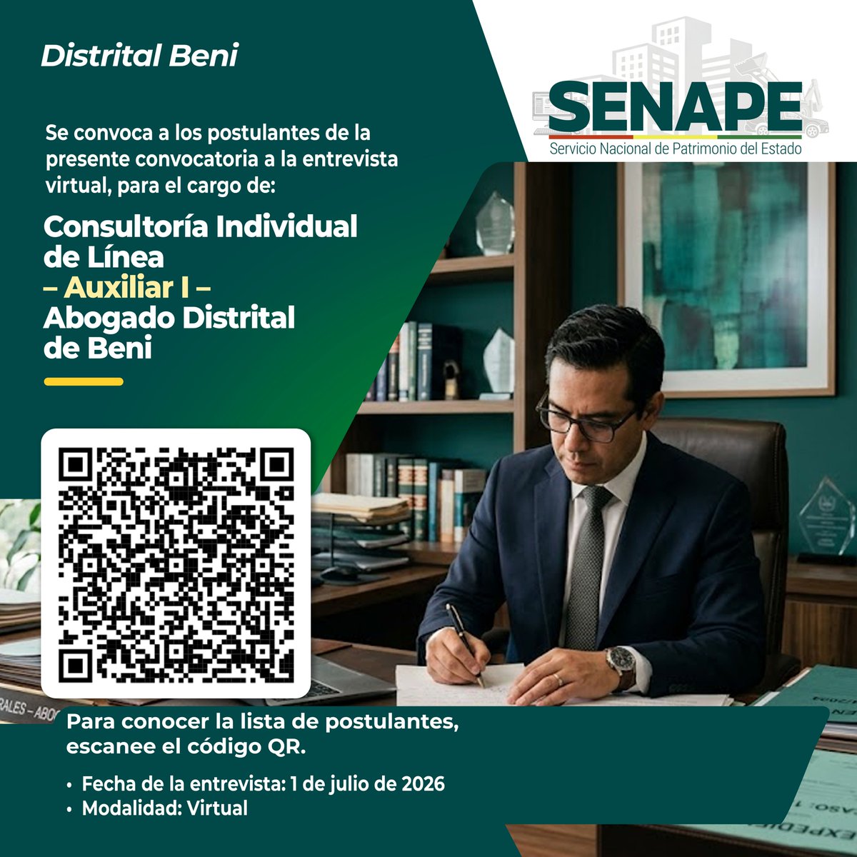 SenapeBolivia's tweet photo. Se convoca a los postulantes de la presente convocatoria a la entrevista virtual, para el cargo de:
Consultoría Individual de Línea 
– Auxiliar I – 
Abogado Distrital de Beni

#SiempreBolivia
#senape https://t.co/7fdM11U6Kl