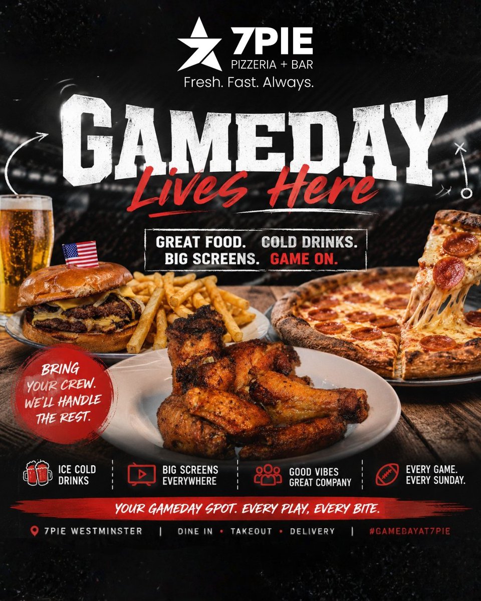 7PiePizza's tweet photo. Your game-day lineup: pizza, wings, drinks, shareables. 🍕🍗🥤 7Pie has the food covered.

Ask about catering! https://t.co/sINeomOPZH