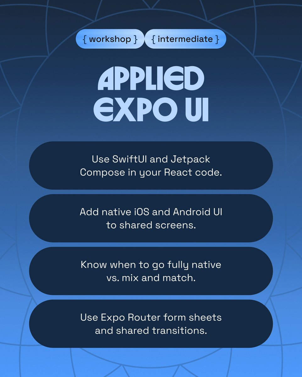 ChainReactConf's tweet photo. Want hands-on experience with Expo UI? ⚛️ 

Join Keith Kurak (@expo) and @frankcalise (@infinite_red) at our Applied Expo UI Intermediate Workshop.

You'll explore how SwiftUI and Jetpack Compose can be used directly in React Native, work through practical platform-native UI examples, and learn when to fully convert a screen versus mixing native and cross-platform approaches.

You'll also get hands-on with Expo Router features like form sheets and shared transitions, plus Android's Material dynamic colors.

Don't miss it! 🚀 

🔗 https://t.co/SDXHxsvHD9
📅 Workshops: July 29

#ChainReact #ReactNative #Portland #ExpoUI #UI #MobileDev