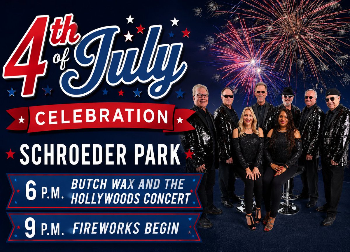 cityofmanmo's tweet photo. Celebrate Independence Day with the City of Manchester at Schroeder Park on Saturday, July 4! Enjoy a Butch Wax and the Hollywoods concert at 6 p.m., concessions available until 9 p.m., and a world-renowned fireworks display beginning at 9 p.m. https://t.co/BqRCt75sCy