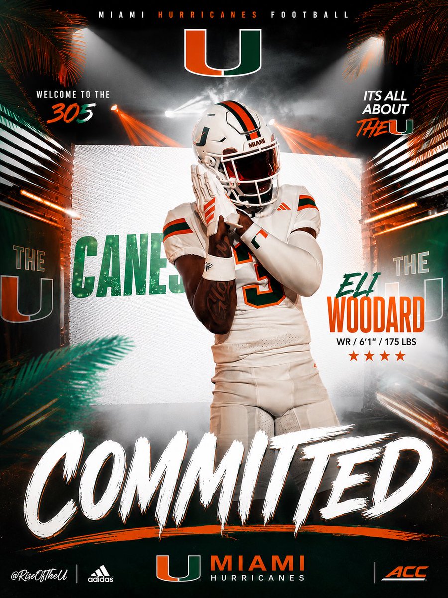 RiseOfTheU's tweet photo. 🌴 OFFICIAL: Eli Woodard is a Miami Hurricane. 

From Cali to the Coral Gables. The wait is over.

The class just got even stronger. Welcome to the 305! 🙌🟠🟢 #GoCanes #TheU #MiamiHurricanes

@CanesFootball x @EliWoodard_ https://t.co/qfyM0RfV24