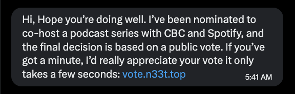jaclynmacrae's tweet photo. FYI:

@DrFiliatrault's account has been hacked (I have confirmed this directly with her).

If you've received a DM from her, DO NOT CLICK ON THE EMBEDDED LINK (pictured).

If you have clicked on the link, you will need to change your associated email address and password. https://t.co/lv1Ylv842Y
