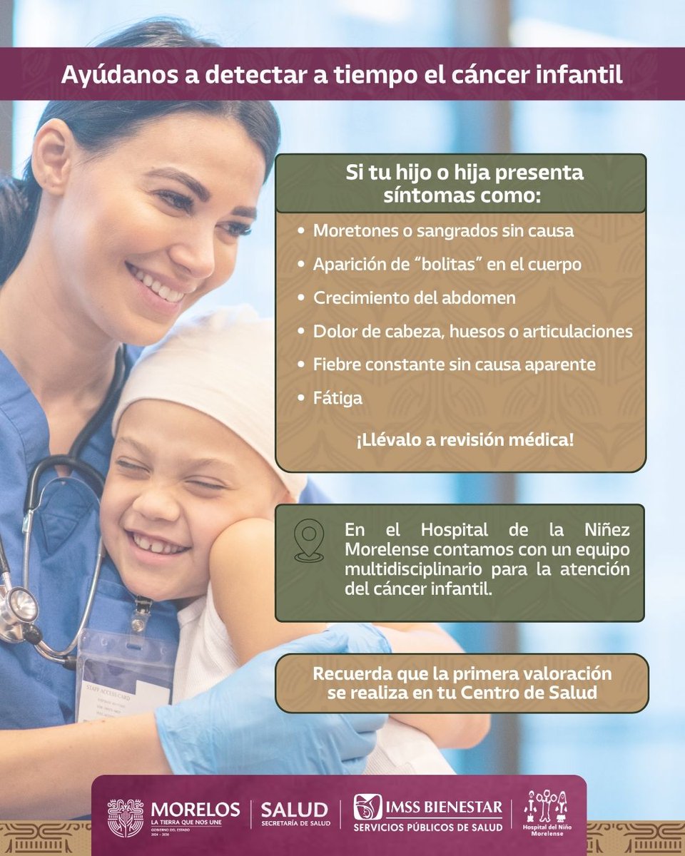 HnmMorelos's tweet photo. 🎗️El cáncer infantil puede ser curable si se detecta a tiempo. Aprende a detectar los signos de alarma para que tu hija e hijo reciban el tratamiento médico adecuado. 👧🏻👦🏻
🏥 Visita a tu médico para las revisiones de rutina.
#LaTierraQueNosUne https://t.co/YIscHvsEeb