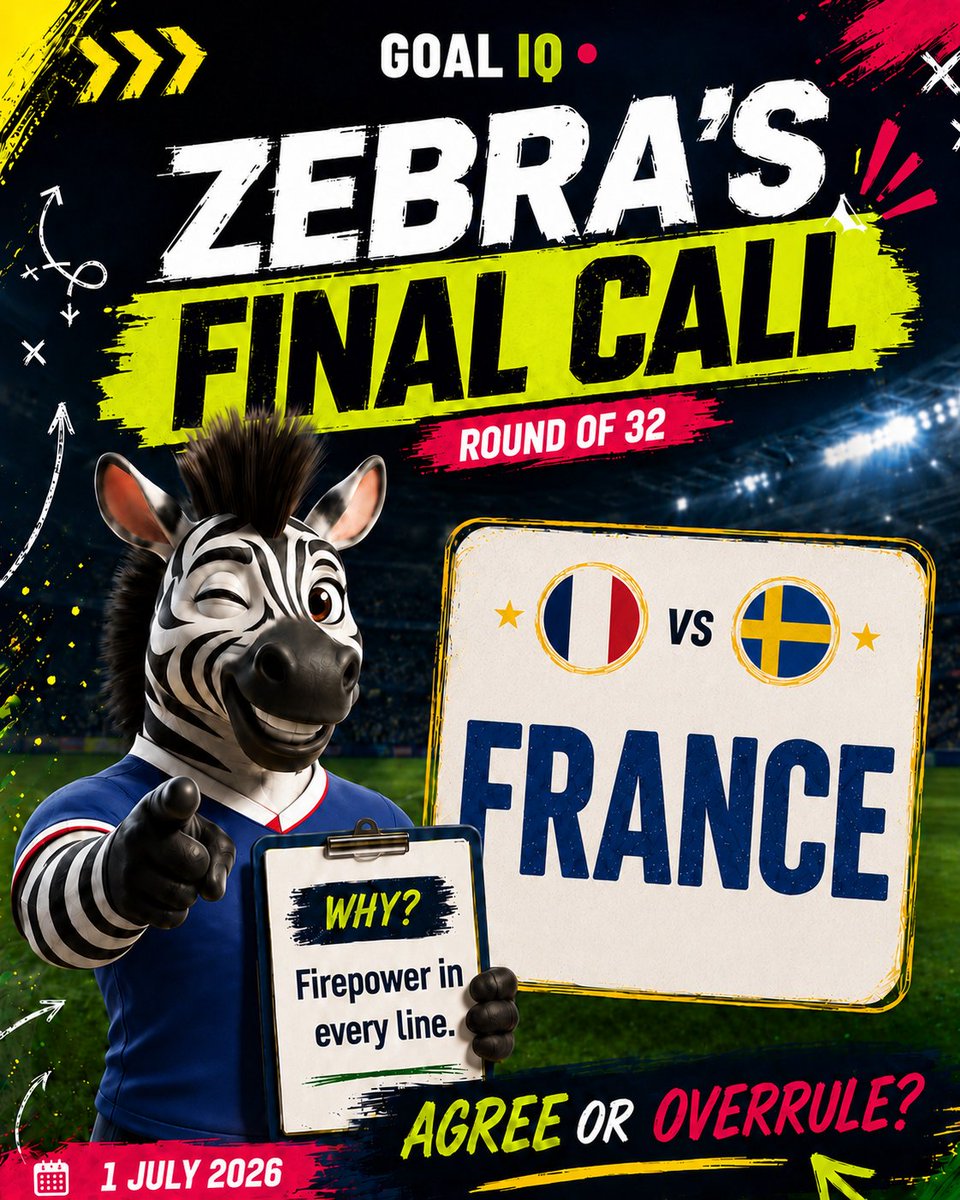 GoalIQ_Official's tweet photo. Zebra's final call: France.
Why? Firepower in every line.

Agree or overrule?
@FIFAWorldCup @equipedefrance @svenskfotboll
#GoalIQ #WorldCup2026 #RoundOf32 #FranceVsSweden https://t.co/WHGNNQHyzY