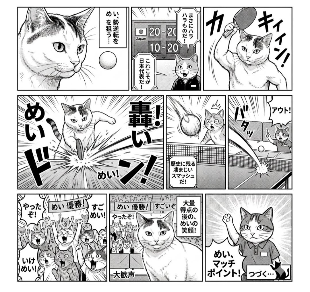 watakin007's tweet photo. おはようございます😀🐱
めいニャン🐱♀(11歳)
😊「瞬発力が凄い✨」
😺「まだボーイズには負けないわよ❤」
😀「キレ打法を教えて🙏🏓」
瞬時の動き、ニャンズに教えてもらいたいです🙏😳✨
よい1日を*˙︶˙*)ﾉ"🍀*゜
 #猫のいる暮らし  #シロキジ  #めいニャン #猫 #cat
#AIお試し 漫画(卓球指導🏓) https://t.co/GTWCrMwiAY