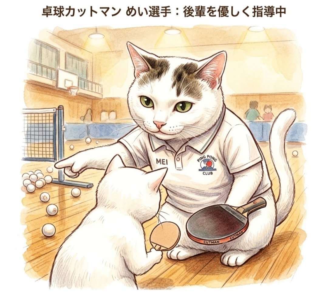 watakin007's tweet photo. おはようございます😀🐱
めいニャン🐱♀(11歳)
😊「瞬発力が凄い✨」
😺「まだボーイズには負けないわよ❤」
😀「キレ打法を教えて🙏🏓」
瞬時の動き、ニャンズに教えてもらいたいです🙏😳✨
よい1日を*˙︶˙*)ﾉ"🍀*゜
 #猫のいる暮らし  #シロキジ  #めいニャン #猫 #cat
#AIお試し 漫画(卓球指導🏓) https://t.co/GTWCrMwiAY