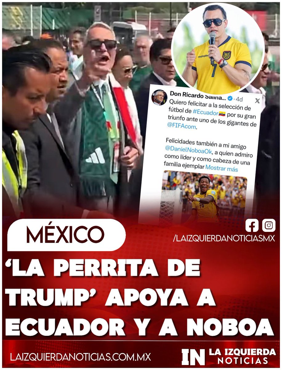 IzqNoticiasMx's tweet photo. LE URGE QUE MÉXICO SEA ELIMINADO… Ricardo Salinas Pliego #LaPerritaDeTrump apoya a Ecuador, además es amigo del ultraderechista Daniel Noboa. El evasor ha perdido rating en el Mundial y sus ingresos se redujeron por transmisión. Le urge que hoy México sea eliminado y termine el Mundial, pero hoy la selección le dará un nuevo golpe.