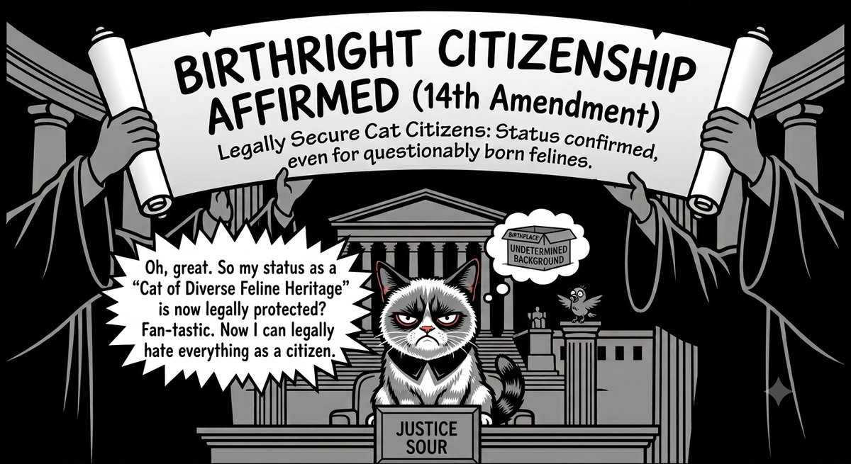 SourScratchNews's tweet photo. The 14th Amendment has been affirmed by the Supreme Court. Sour Scratch will now proceed to legally hate absolutely everything as a fully recognized citizen. ⚖️😾🇺🇸

#SourScratch #14thAmendment #SCOTUS #GrumpyCat #RecognizedCitizen #LegallyGrumpy https://t.co/PYig2BLx70