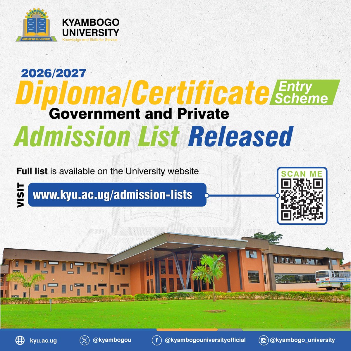 kyambogou's tweet photo. The Academic Registrar, informs applicants for Diploma entry scheme Private and Government sponsorship that the admissions lists have been released. Please click the link to check on the lists. 

https://t.co/5zLdMwt97q https://t.co/Lw7DiE2TZx