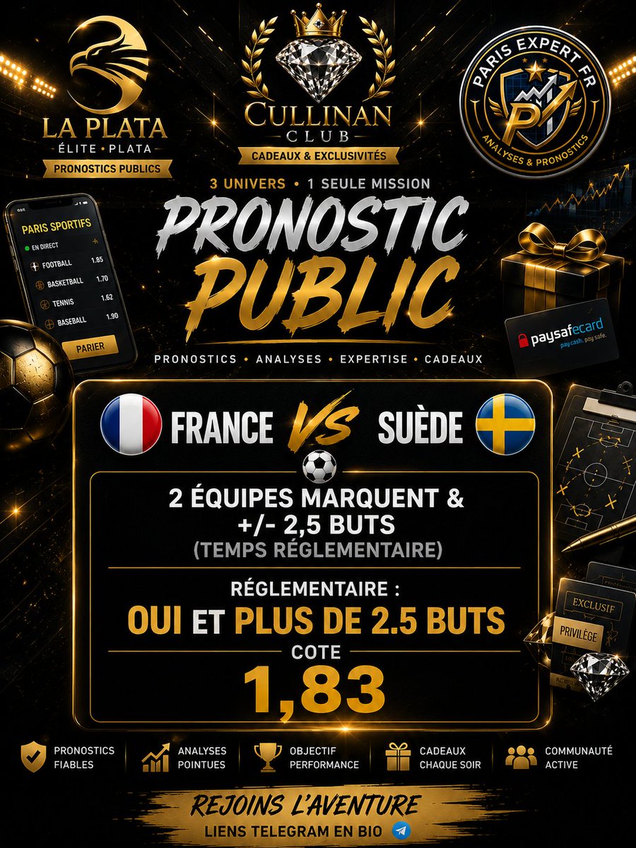 PLATAPUBLIC's tweet photo. 🇫🇷🇸🇪 France 🆚 Suède (23h00)
Mon pronostic public est disponible ! 🔥
Si le prono te plaît, pense à ❤️, 🔁 et 💬, ça aide énormément le compte à grandir. 🙏
Bonne chance à tous ! 🍀

#FranceSuede 🇫🇷🇸🇪
#FIFAWorldCup
#CoupeDuMonde
#Football
#Pronostic https://t.co/plx3snJIV5