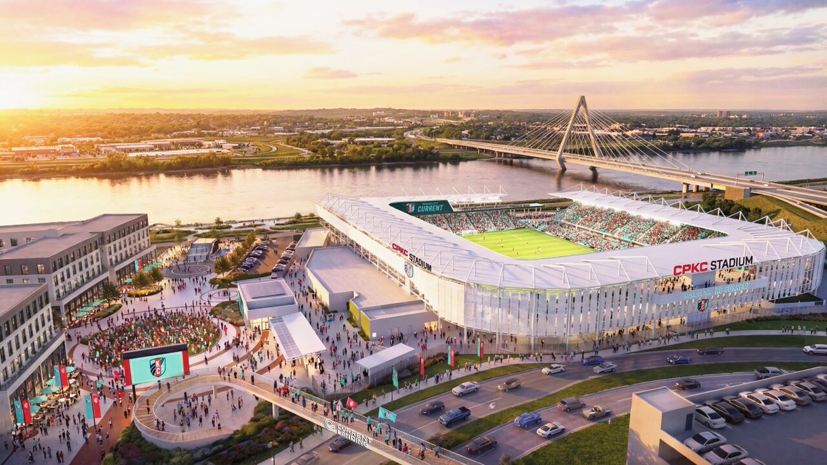 FOS's tweet photo. The Kansas City Current unveiled new renderings for the next phase of their $1.4 billion riverfront sports district.

• Expanding CPKC Stadium to 18,000 seats
• A parking garage
• New mixed-use development https://t.co/8kagncjToV