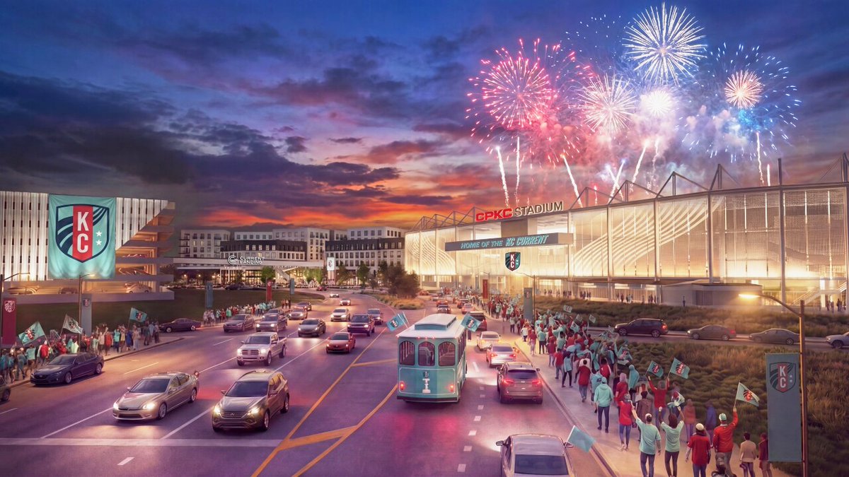 FOS's tweet photo. The Kansas City Current unveiled new renderings for the next phase of their $1.4 billion riverfront sports district.

• Expanding CPKC Stadium to 18,000 seats
• A parking garage
• New mixed-use development https://t.co/8kagncjToV