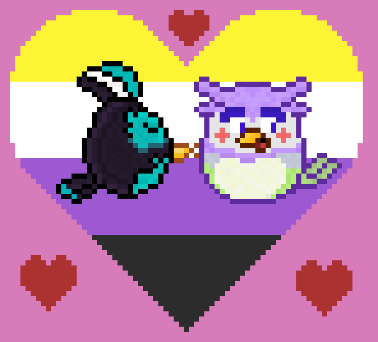 makuzman's tweet photo. On the last day of the Pride Month i've created a new ship: 2 cool non-binary birdies who can relate to each other+help on the journey of not only self-love but to one another for being themselves - Jo/Dusk #angrybirdsFART #angrybirdsbounce #angrybirds #AngryBirdsfanart #aseprite https://t.co/rZ5SesVc2d