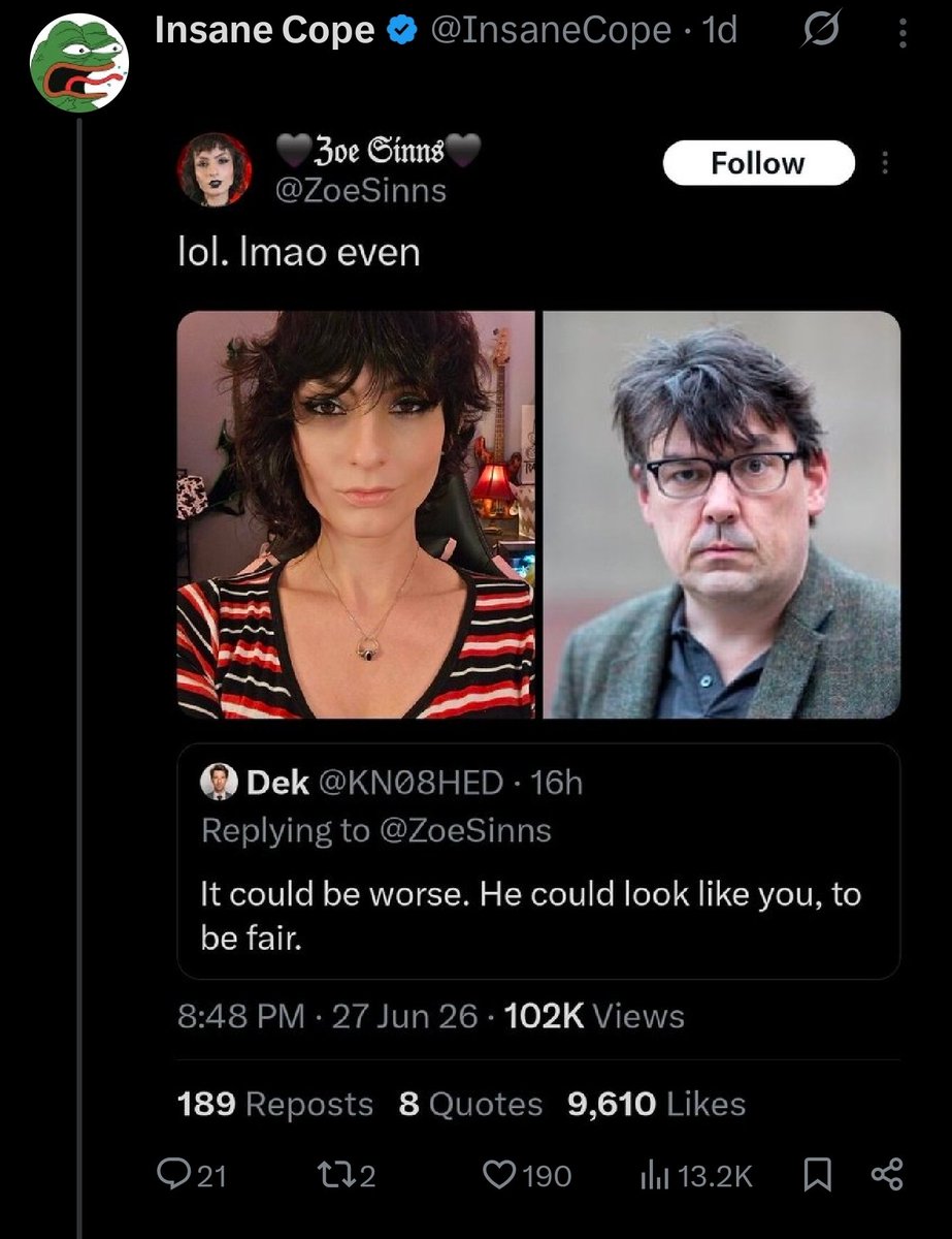 ZoeSinns's tweet photo. He pays for twitter just to get <200 likes on a post whining about me mogging a homunculus https://t.co/loBqVguBxJ
