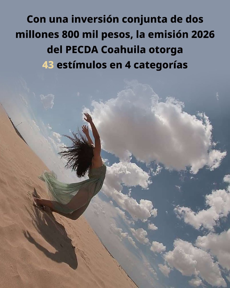 CulturaCoahuila's tweet photo. Cultura Coahuila da a conocer a las y los beneficiarios del Programa de Estímulo a la Creación y Desarrollo Artístico (PECDA) 2026, una iniciativa que impulsa el talento, la creatividad y el desarrollo cultural de nuestro estado mediante el respaldo a proyectos artísticos de diversas disciplinas. Felicitamos a quienes resultaron seleccionados y reconocemos su compromiso por enriquecer la vida cultural de Coahuila. Consulta la lista completa de ganadoras y ganadores en https://t.co/fiXBNttIG4 #CoahuilaPaDelante #APasosDeGigante