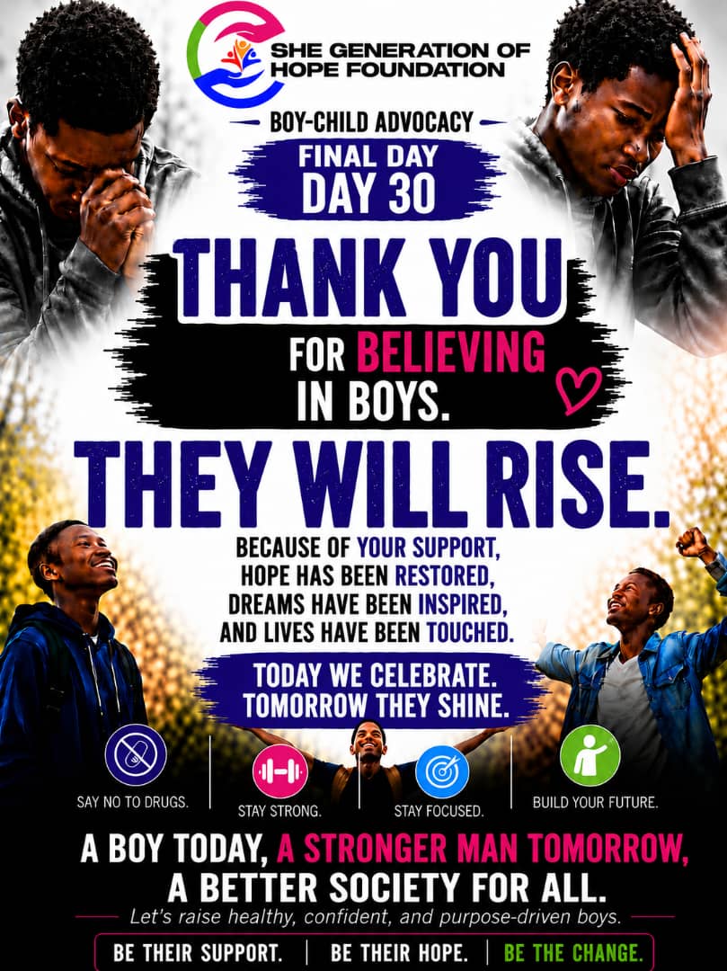 PAmboson's tweet photo. 30 Days. One Mission. Countless Lives Touched.

As we bring our 30 Days of Boy-Child Advocacy to a close, our hearts are filled with gratitude.

Thank you to every partner, volunteer, donor, speaker, parent, mentor, supporter, and every person who believed in this vision. https://t.co/ezJmuAZoeZ