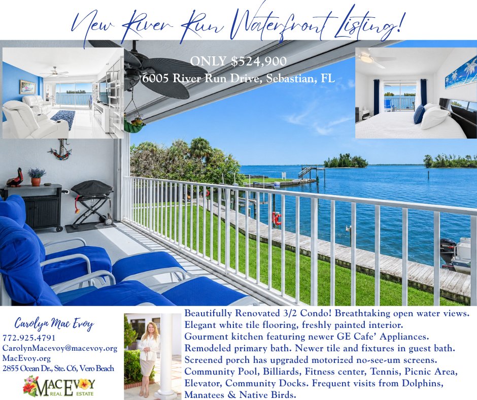 macevoyc's tweet photo. New River Run Listing! Direct Open Water View! Dolphin Watching!
6005 River Run Dr #6005, Sebastian, FL
Gourmet kitchen, newer GE Cafe appls, stunning white tile, motorized "no see um" screens.
Contact Carolyn
772.925.4791
CarolynMacevoy@macevoy.org
2855 Ocean Dr, C6, Vero Beach https://t.co/e0fBdEjcUh