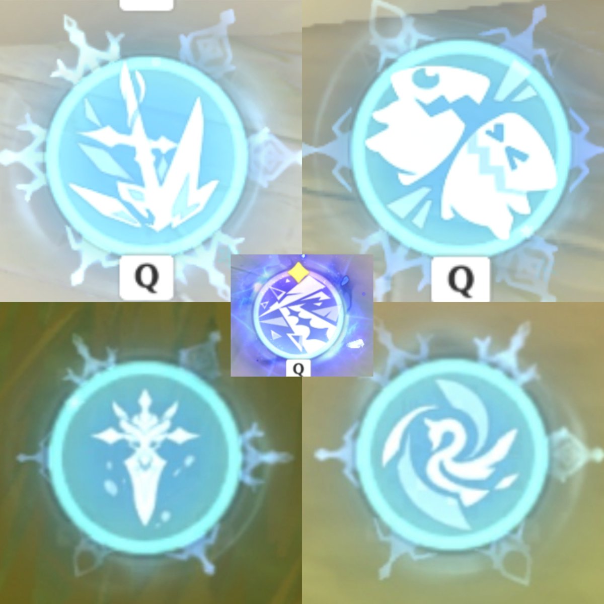 teyvattabloid's tweet photo. All Cryo character Burst Icon effects shows 6 chess pieces instead of snowflakes like we previously assumed. The chess pieces are randomly selected between 4 types: Queen, Bishop and 2 others I can't really tell. A single chess piece type can appear at most 4 times as far as I know.

With the exception of Skirk, who is not true Cryo.

The Tsaritsa is collecting Gnoses so this makes sense that Cryo shows the chess pieces. It is also notable that there are only 6 pieces shown on the effect instead of 7, I personally think this references the recent disappearance of the Pyro Gnosis.

Curious to know what are you guys' takes on this

©️ Theory post by u/NipsLover

#Genshinlmpact #Genshin #GenshinMemes