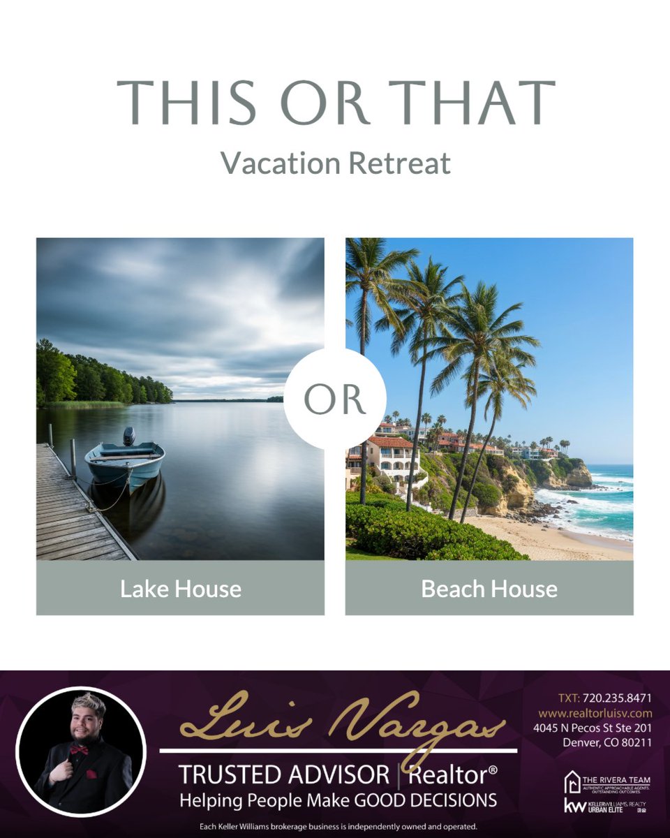 RealtorLuisV's tweet photo. Pick Your Summer Escape ☀️🌿
🏖️ Beach House: sandy toes, sunset walks, and busy summer days
🚣 Lake House: calm water, peaceful mornings, and bonfires at night
Which one are you choosing? Let us know in the comments!
#realtorluisv #trustedAdvisor #Denver #CO #Colorado https://t.co/uf94ZMEfav