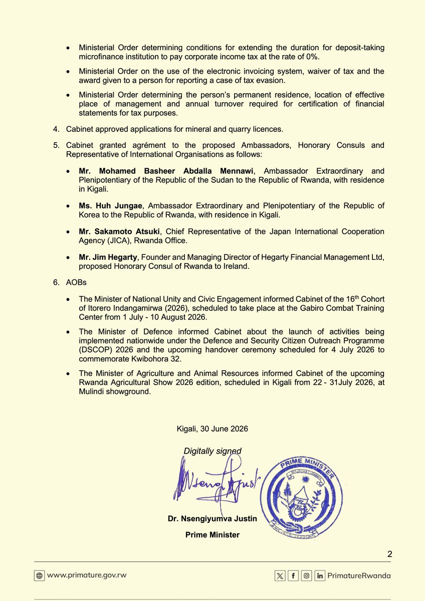 PrimatureRwanda's tweet photo. Statement on Cabinet Resolutions of 30 June 2026 https://t.co/e3vIslDApH