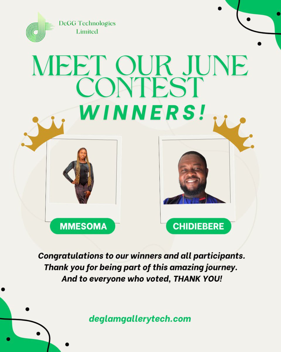 GlamGalleryApp's tweet photo. Meet Our June Contest Winners! 🎉

Congratulations to Mmesoma and Chidiebere, our outstanding winners of the “My Work, My Pride” contest!

Your creativity, confidence, and dedication truly stood out, and you’ve earned your place as this month’s champions. 👏

A huge thank you to every contestant who participated and to everyone who took the time to vote and support their favourites. Your engagement continues to make the DeGlamGallery community stronger.

This is just the beginning, our winners now advance one step closer to the Grand Finale. 💚

Congratulations once again to our champions! 🥂