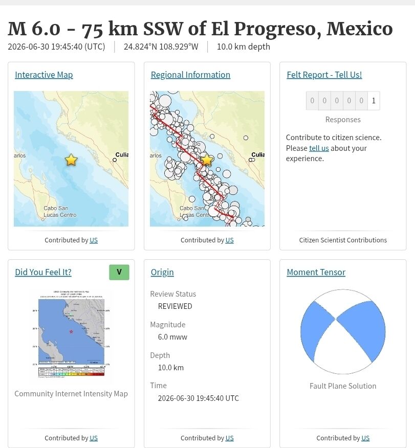 SasslaMx's tweet photo. ➜] #Actualización  
🇲🇽 Sismo #Golfo de #California [30/Jun/2026] 

El Servicio Geológico de los Estados Unidos [#USGS] revisa y actualiza la magnitud a 6.0 [Mw] y con epicentro a 95km de #Guasave, #Sinaloa.

🟢 Se estima intensidad máxima de V [Moderada en escala Mercalli] en zonas cercanas al epicentro.

📊 Podría tratarse del segundo sismo M>6.0 en la República MX en el curso del 2026.

#SASSLA