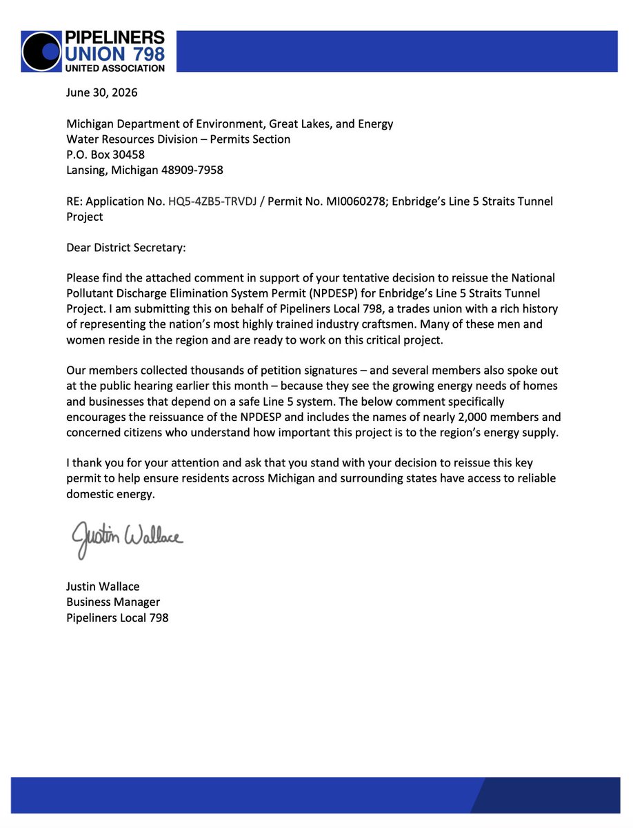 PipelinersLU798's tweet photo. Thanks to your advocacy, we submitted our comment from the #ActionNetwork yesterday to the Michigan EGLE supporting @Enbridge's Line 5 Straits Tunnel Project. Your support will help push this project over the finish line, securing jobs for #pipeliners! https://t.co/SDXLeKGPxL https://t.co/j65I51wFGX