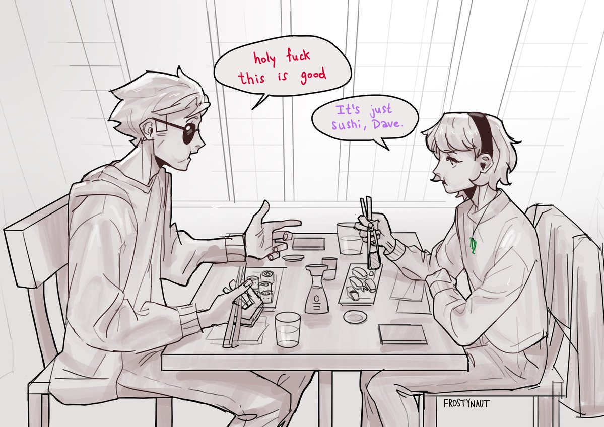 frostynaut's tweet photo. (AU) headcanon that dave grows up eating straight bullshit so when he tries other foods he gets hooked and becomes a foodie LOL #davestrider #roselalonde #homestuck https://t.co/qCFxZhAypS