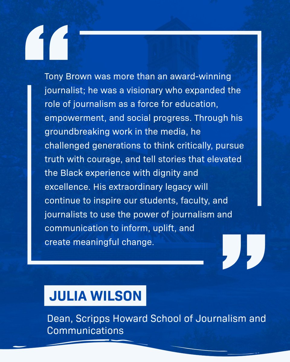 _HamptonU's tweet photo. Join us in celebrating the life of Dean Emeritus Tony Brown, whose legacy as an educator, pioneering TV journalist, civil rights advocate, and fearless voice transformed media and inspired students to lead with purpose.

Rest well, Dean Brown. 💙⚓️

📰: https://t.co/JxB7bYfxVP https://t.co/ZlWgVvk9es