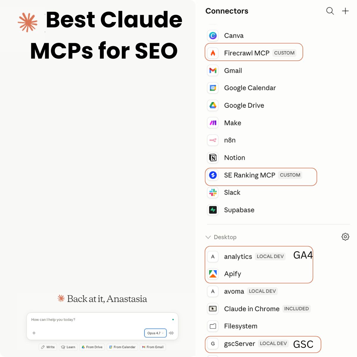 SERanking's tweet photo. Here are our Head of SEO’s most-used connectors in Claude:

Core SEO tools:

✅ GSC (the one she uses most)
✅ GA4
✅ SE Ranking (for rankings, keyword and domain data, AI visibility, and more)

Scraping tools:

✅ Firecrawl (for scraping website content)
✅ Apify (for LinkedIn scraping and competitor monitoring, plus other scraping tasks)

Day-to-day management:

✅ Gmail, Google Calendar & Drive
✅ Slack (for daily and weekly recaps, action items, creating Linear tasks from messages, automated reports, etc.)
✅ Notion as a knowledge base & database
✅ Linear as a task manager

Other:

✅ Claude in Chrome (for small tasks, like pulling data from an open tab)

What are your most-used connectors?