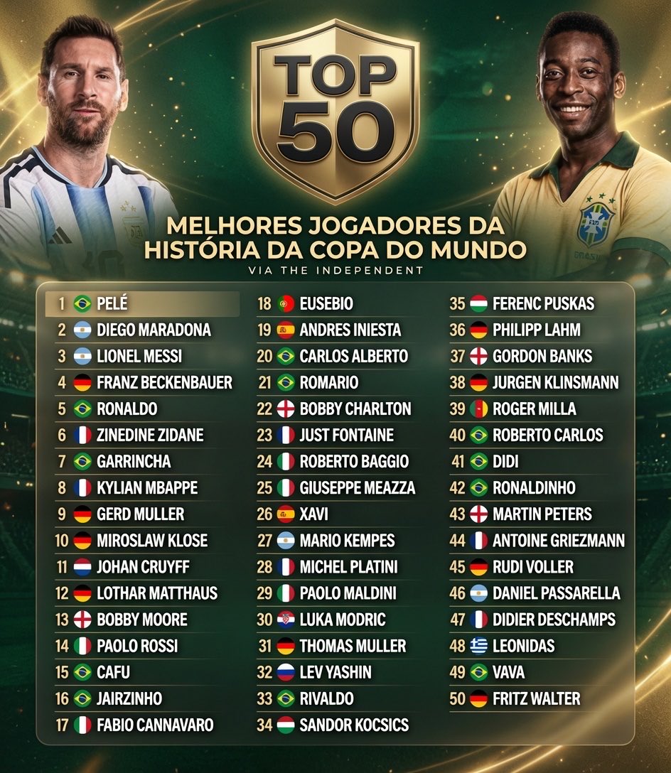 CuriosidadesBRL's tweet photo. Top-50 da história das Copas do Mundo pelo jornal inglês The Independent:

1. 🇧🇷 Pele
2. 🇦🇷 Diego Maradona
3. 🇦🇷 Lionel Messi
4. 🇩🇪 Franz Beckenbauer
5. 🇧🇷 Ronaldo
6. 🇫🇷 Zinedine Zidane
7. 🇧🇷 Garrincha
8. 🇫🇷 Kylian Mbappe
9. 🇩🇪 Gerd Muller
10. 🇩🇪 Miroslav Klose
11. 🇳🇱 Johan Cruyff
12. 🇩🇪 Lothar Matthaus
13. 🏴󠁧󠁢󠁥󠁮󠁧󠁿 Bobby Moore
14. 🇮🇹 Paolo Rossi
15. 🇧🇷 Cafu
16. 🇧🇷 Jairzinho
17. 🇮🇹 Fabio Cannavaro
18. 🇵🇹 Eusebio
19. 🇪🇸 Andres Iniesta
20. 🇧🇷 Carlos Alberto
21. 🇧🇷 Romario
22. 🏴󠁧󠁢󠁥󠁮󠁧󠁿 Bobby Charlton
23. 🇫🇷 Just Fontaine
24. 🇮🇹 Roberto Baggio
25. 🇮🇹 Giuseppe Meazza
26. 🇪🇸 Xavi
27. 🇦🇷 Mario Kempes
28. 🇫🇷 Michel Platini
29. 🇮🇹 Paolo Maldini
30. 🇭🇷 Luka Modric
31. 🇩🇪 Thomas Muller
32. 🇷🇺 Lev Yashin
33. 🇧🇷 Rivaldo
34. 🇭🇺 Sandor Kocsis
35. 🇭🇺 Ferenc Puskas
36. 🇩🇪 Philipp Lahm
37. 🏴󠁧󠁢󠁥󠁮󠁧󠁿 Gordon Banks
38. 🇩🇪 Jurgen Klinsmann
39. 🇨🇲 Roger Milla
40. 🇧🇷 Roberto Carlos
41. 🇧🇷 Didi
42. 🇧🇷 Ronaldinho
43. 🏴󠁧󠁢󠁥󠁮󠁧󠁿 Martin Peters
44. 🇫🇷 Antoine Griezmann
45. 🇩🇪 Rudi Voller
46. 🇦🇷 Daniel Passarella
47. 🇫🇷 Didier Deschamps
48. 🇧🇷 Leonidas
49. 🇧🇷 Vava
50. 🇩🇪 Fritz Walter