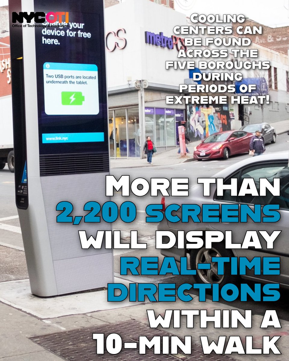 NYCOfficeofTech's tweet photo. Extreme heat is headed to New York City over the next few days and we want ALL New Yorkers to stay SAFE.

Thanks to a new @NYCMayorsOffice partnership with @NYCOfficeofTech, @LinkNYC, and @nycemergencymgt, you'll be able to find Cooling Center info on a screen near you! https://t.co/rJSW3DqdNW