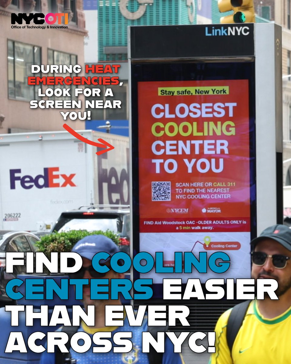 NYCOfficeofTech's tweet photo. Extreme heat is headed to New York City over the next few days and we want ALL New Yorkers to stay SAFE.

Thanks to a new @NYCMayorsOffice partnership with @NYCOfficeofTech, @LinkNYC, and @nycemergencymgt, you'll be able to find Cooling Center info on a screen near you! https://t.co/rJSW3DqdNW