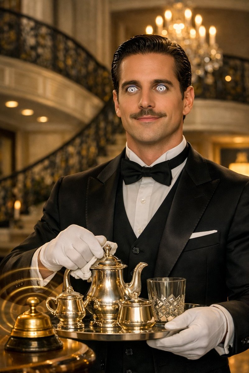 suitfetish99's tweet photo. Just the other night in the Manor, a butler stood with the silver tray teapot steaming, glass shining.👔🛎️

The bell🛎️🛎️ rang once… his eyes went wide, and he served everything perfectly in silence.

Gloved hands, full focus. One ring and he’s locked in. 

Feeling the call?👔👔 https://t.co/pL26Zpk6Zj